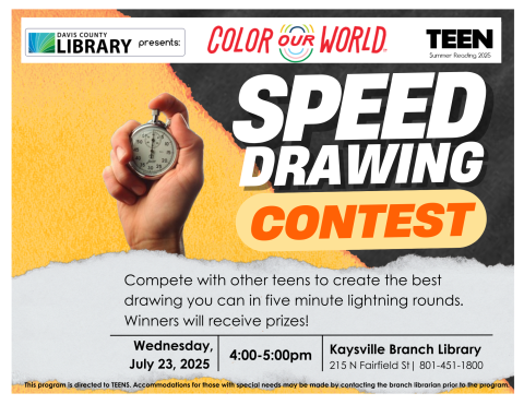 Visit the Kaysville branch on July 23, 2025 from 4:00-5:00pm to participate in our Speed Drawing Contest for our teen summer reading program. 