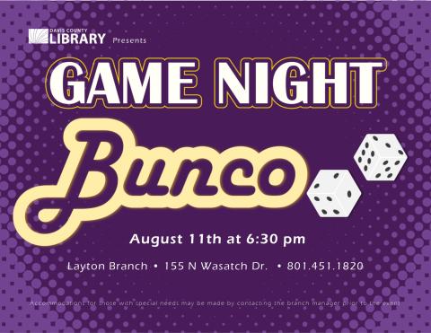 Bunco dice game for the family at the Layton Library on Aug 11th at 6:30pm.
