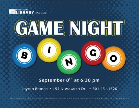 Family Bingo night at the Layton Library. September 8th at 6:30 pm.