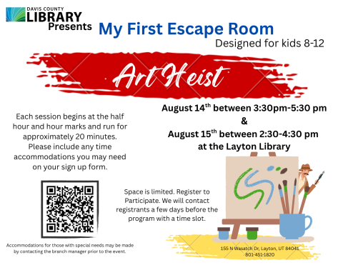 Art Heist Escape Room - Ages 8-12 - August 14 start times 3:30-5:30