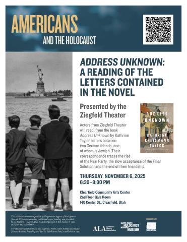 Address Unknown, A reading of the letters contained in the novel. November 6, 2025 at 6:30 pm, Clearfield Community Arts Center, 140 Center St, 2nd Floor Gala Room