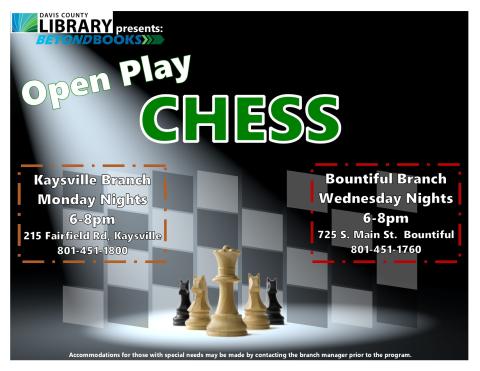 Open Play Chess Night KYV branch, Monday nights 6-8
