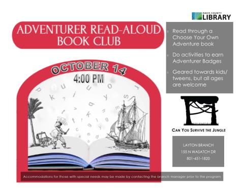 Adventurer Read-Aloud Book Club - October 14 4:00 PM