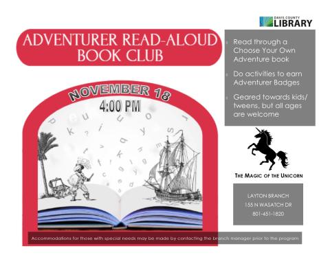 Adventurer Read-Aloud Book Club - November 18 4:00 PM