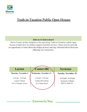 Truth in Taxation Meeting, Centerville Branch 45 S 400 W, Centerville, November 12 @ 6:00 - 8:00 pm