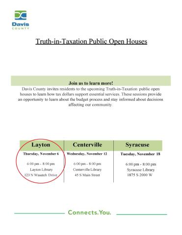 Truth in Taxation Meeting, Layton Branch 155 N Wasatch Dr, Layton, November 6 @ 6:00 - 8:00 pm