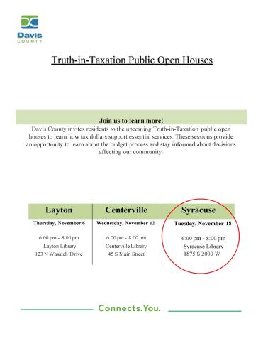 Truth in Taxation Meeting, Syracuse Branch 1875 S 2000 W, Syracuse, November 18 @ 6:00 - 8:00 pm