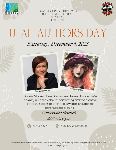 Utah Authors Day - Centerville Branch - Bonnie Moore, Ireland Lydon 2-3:30 pm
