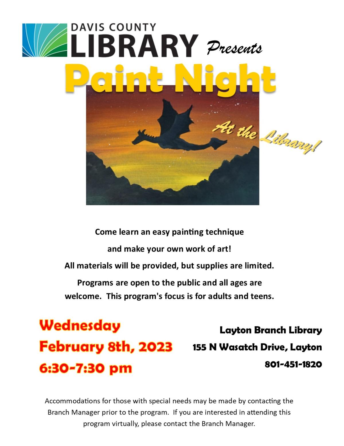 Paint Night @ Layton Branch. Paint a dragon scene!  Feb. 8 @ 6:30 pm