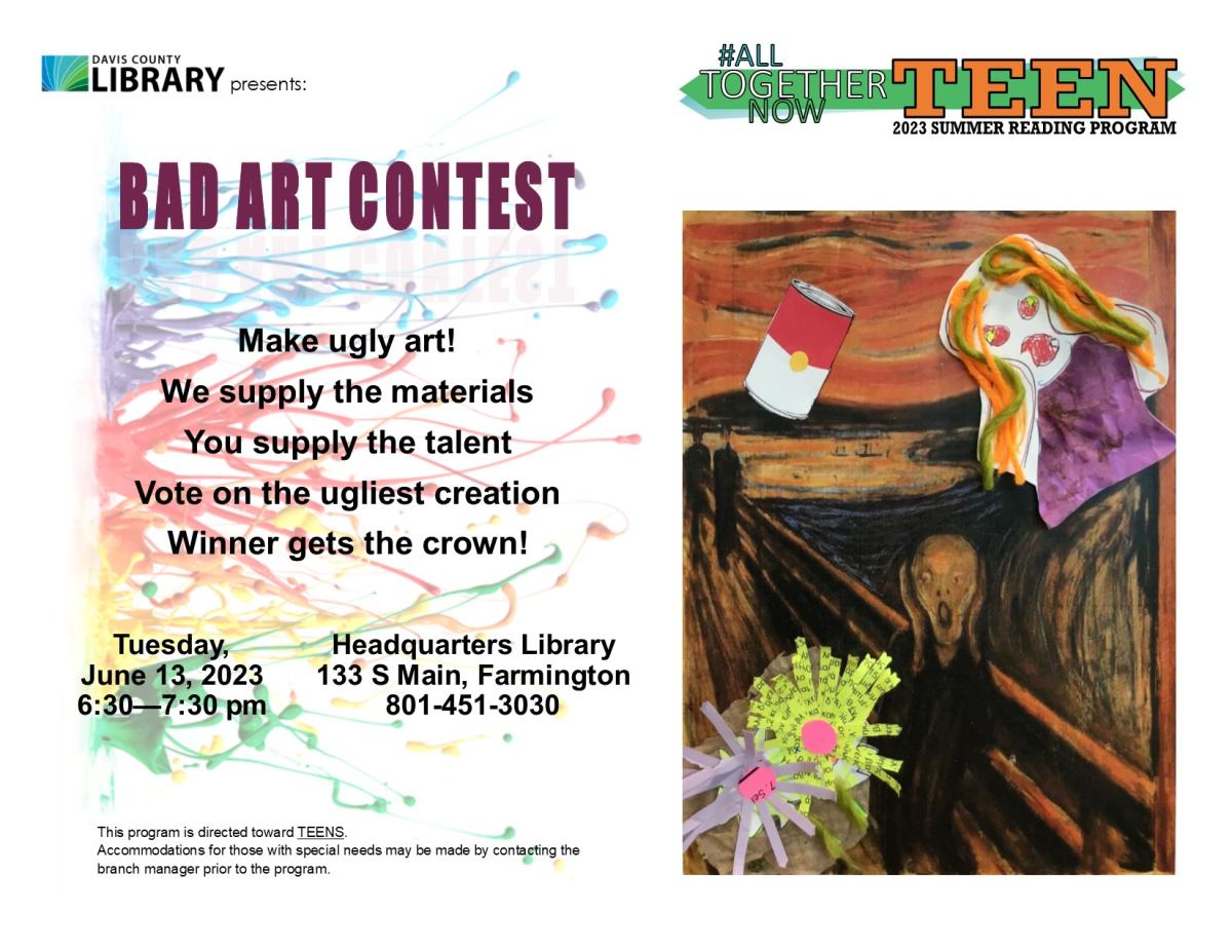 Bad Art Contest at Headquarters Library 6-13-2023 Make ugly art. Winner gets the crown.