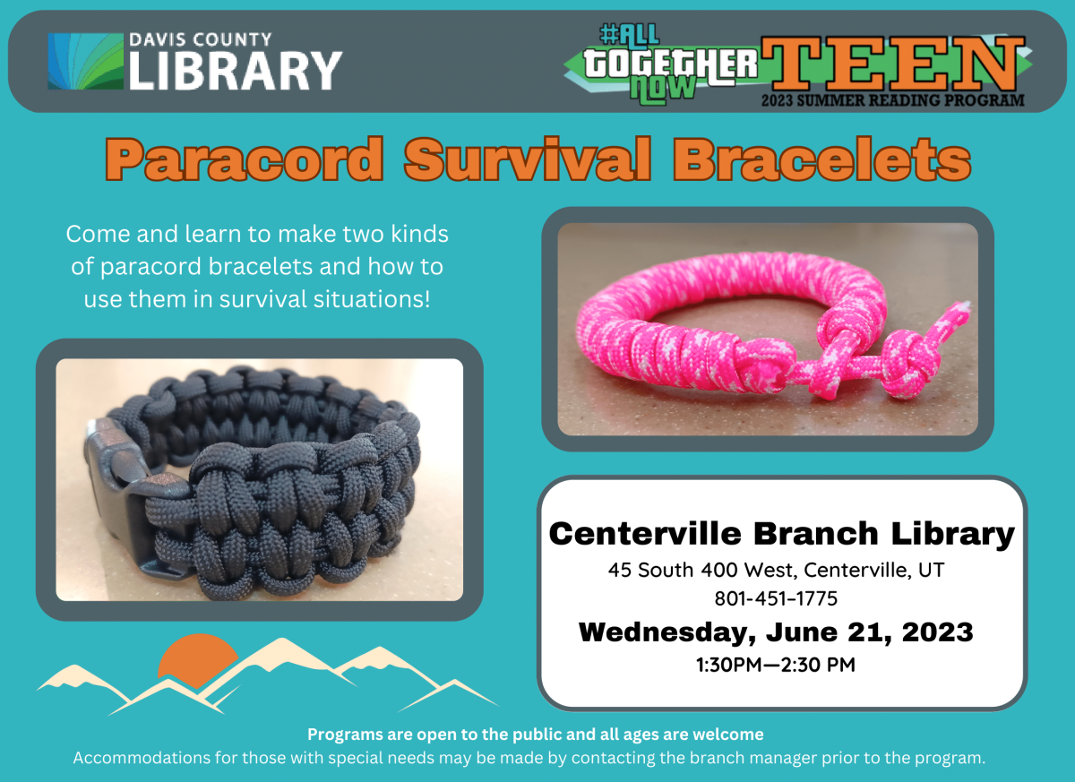 Come make Paracord Survival Bracelets at Centerville Library, Wednesday June 21, 1:30-2:30 pm