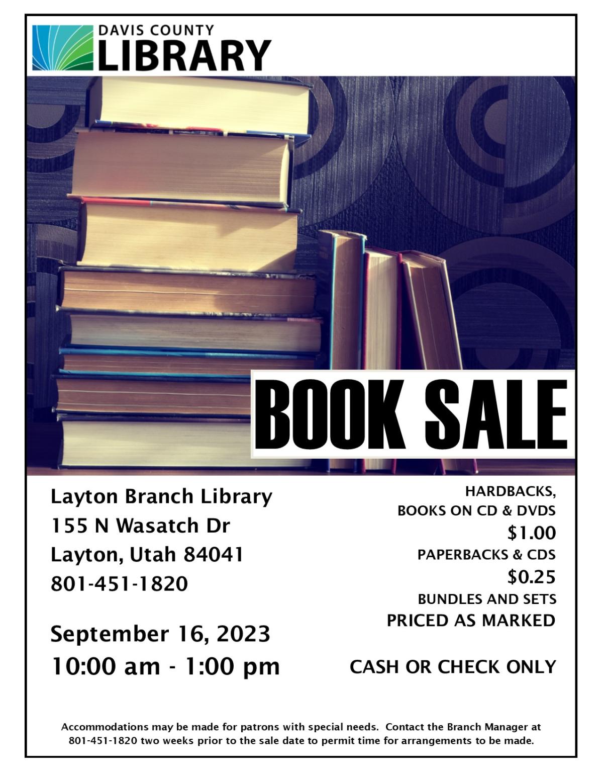 Used Booksale on September 16, 2023. 10am to 1pm