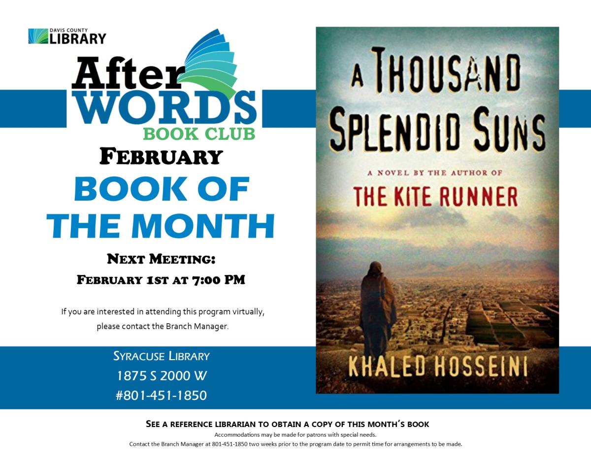 After Words Book Club @ 7pm A Thousand Splendid Suns by Khaled Hosseini