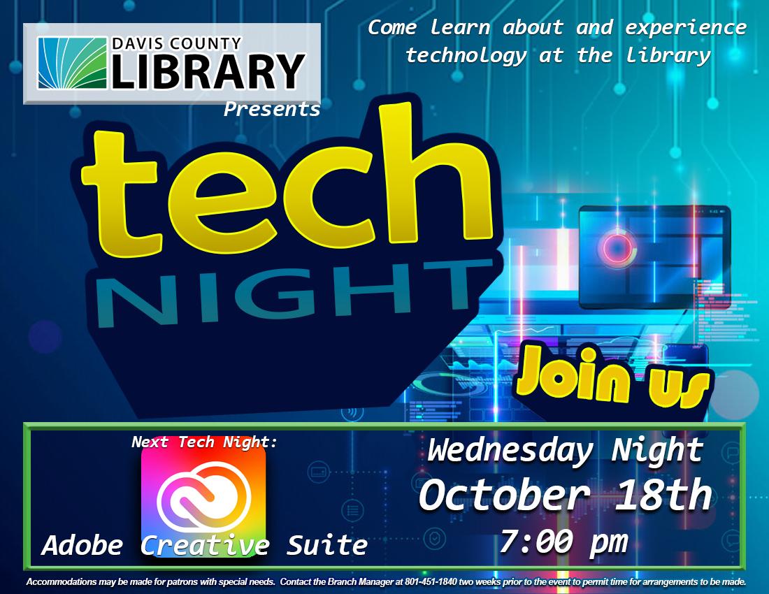 Flyer for event: Tech Night @ the Library - An introduction to the Adobe Creative Suite