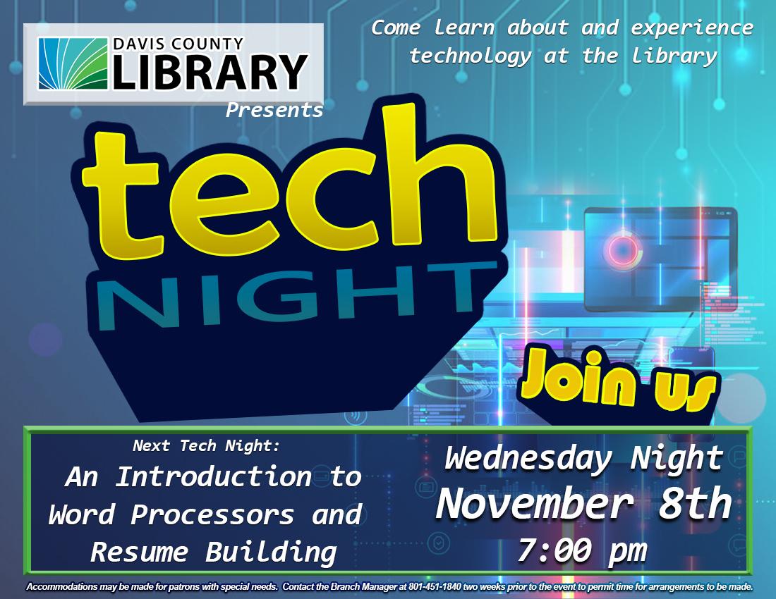 Flier for Tech Night @ the Library - An introduction to word processors and resume building