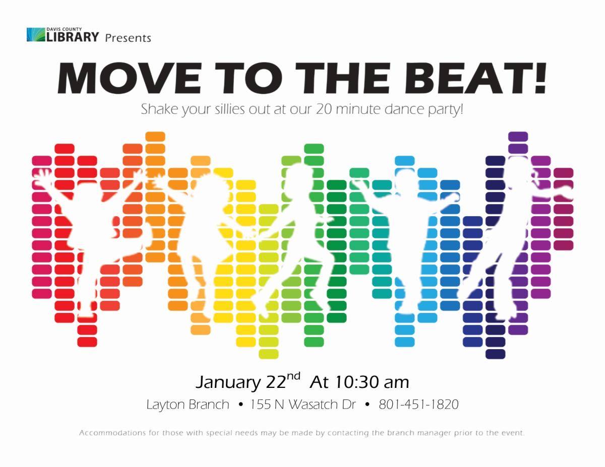 Five silhouettes of children dancing. The text reads "Move to the Beat".