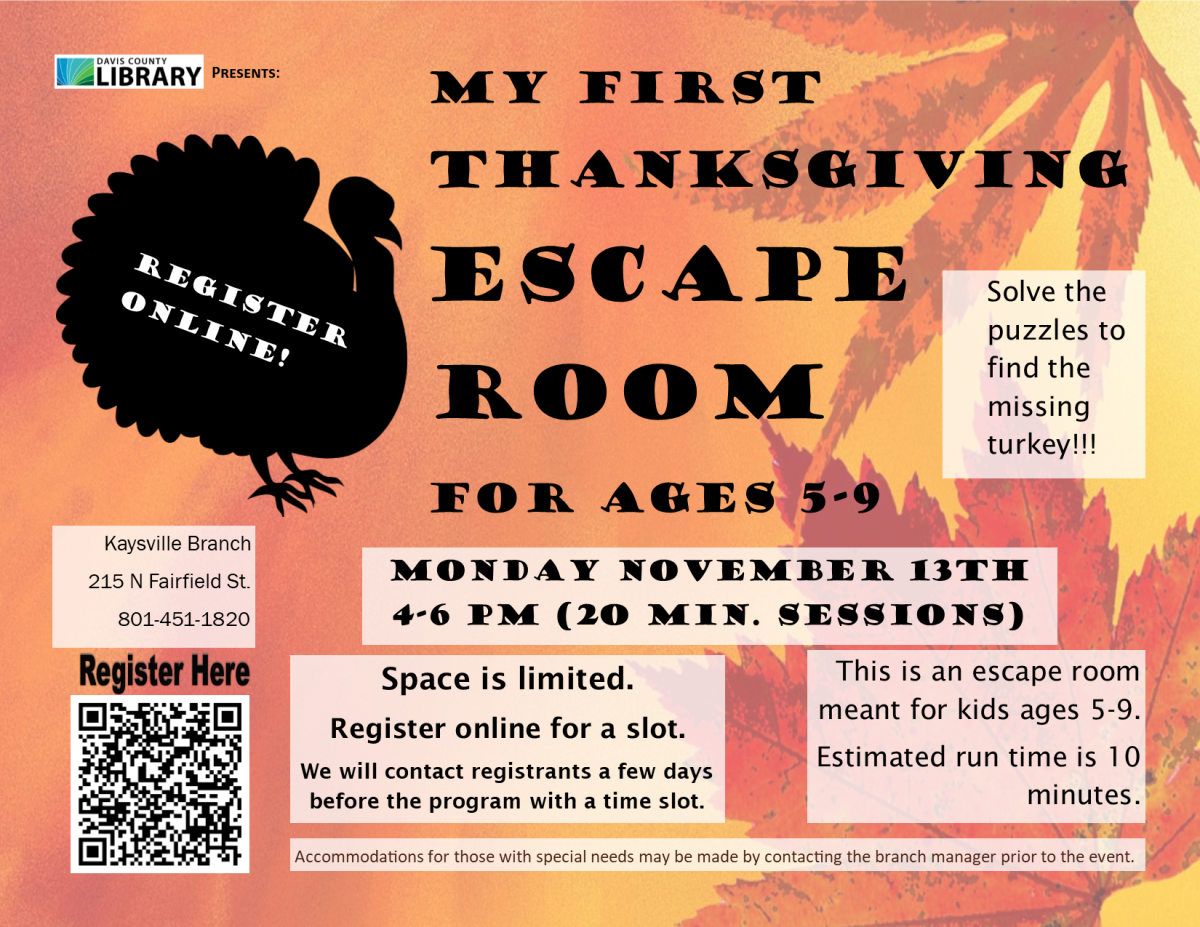 My First Thanksgiving Escape Room Ages 5-9. Monday November 13th 4-6 pm.