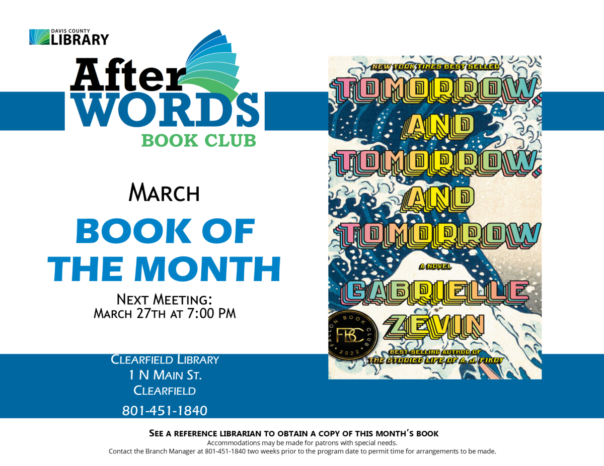 Book Club Wednesday March 27 at 7:00 pm Tomorrow and Tomorrow and Tomorrow by Gabrielle Zevin