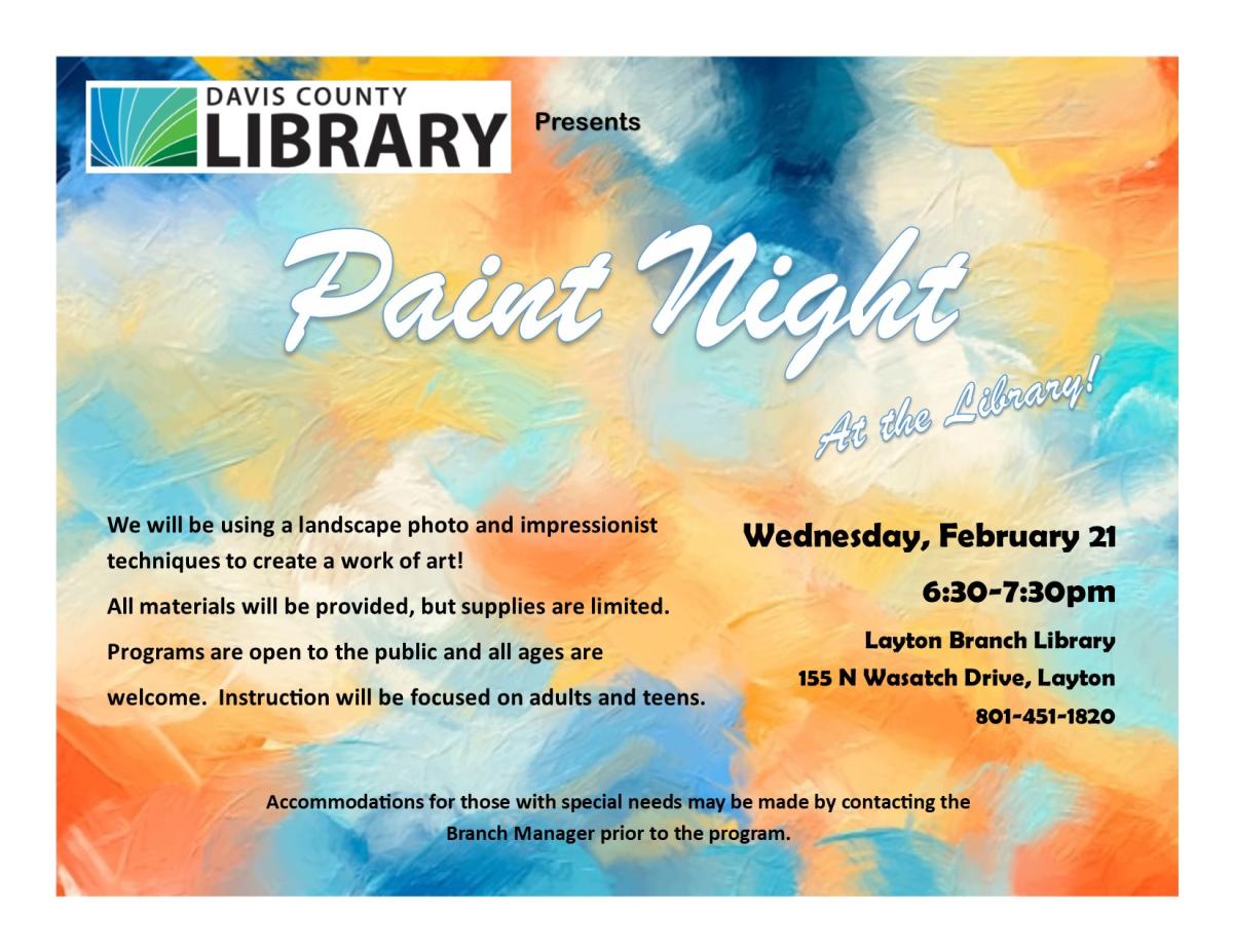 Paint night at the Layton Branch on February 21, 2024 at 6:30 pm.