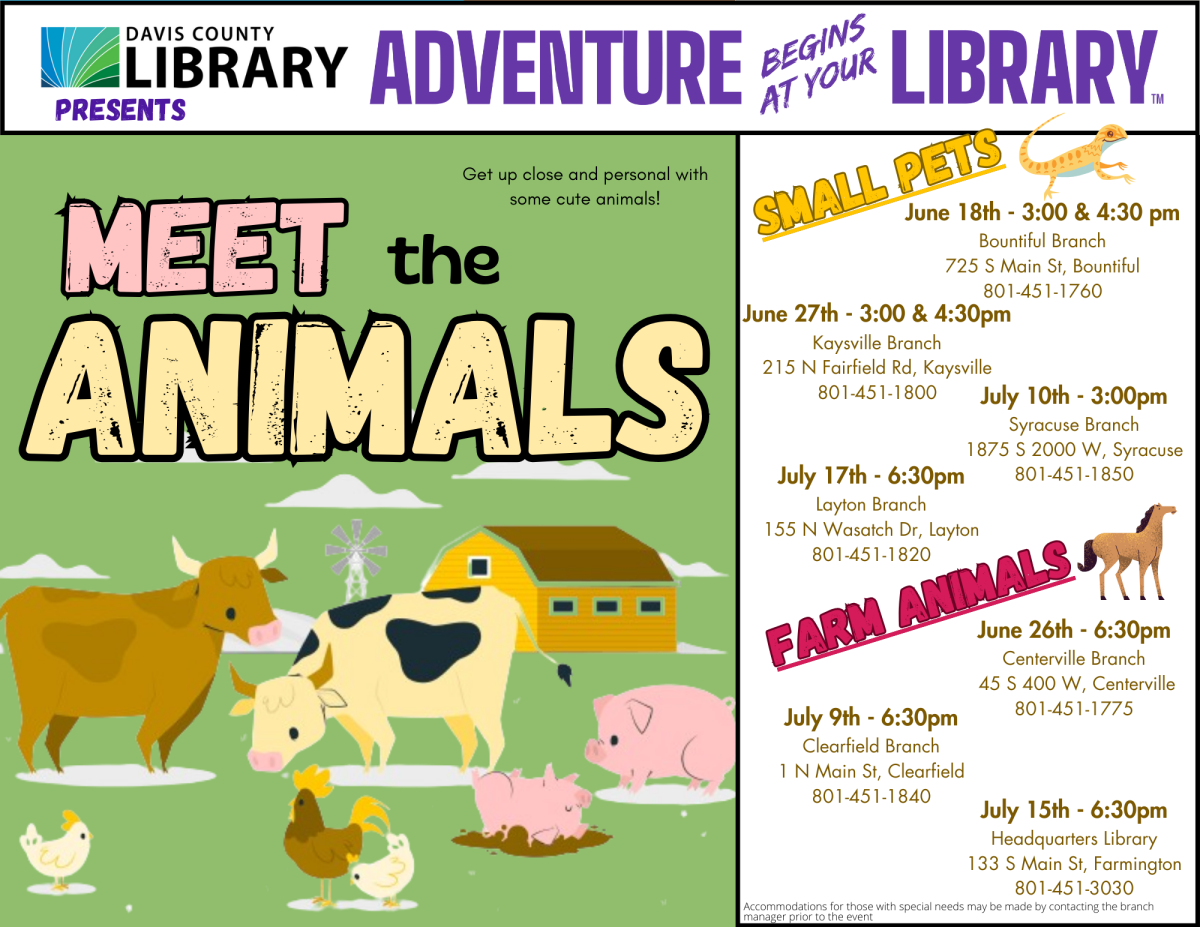 Davis County Library Summer Reading - Meet the Animals- Beginning June 18. Call your local library for date and time information.