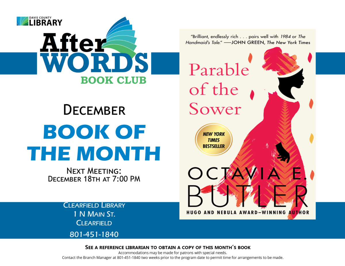 Book Club December 18 (Third Wednesday) 7:00pm Parable of the Sower by Octavia Butler