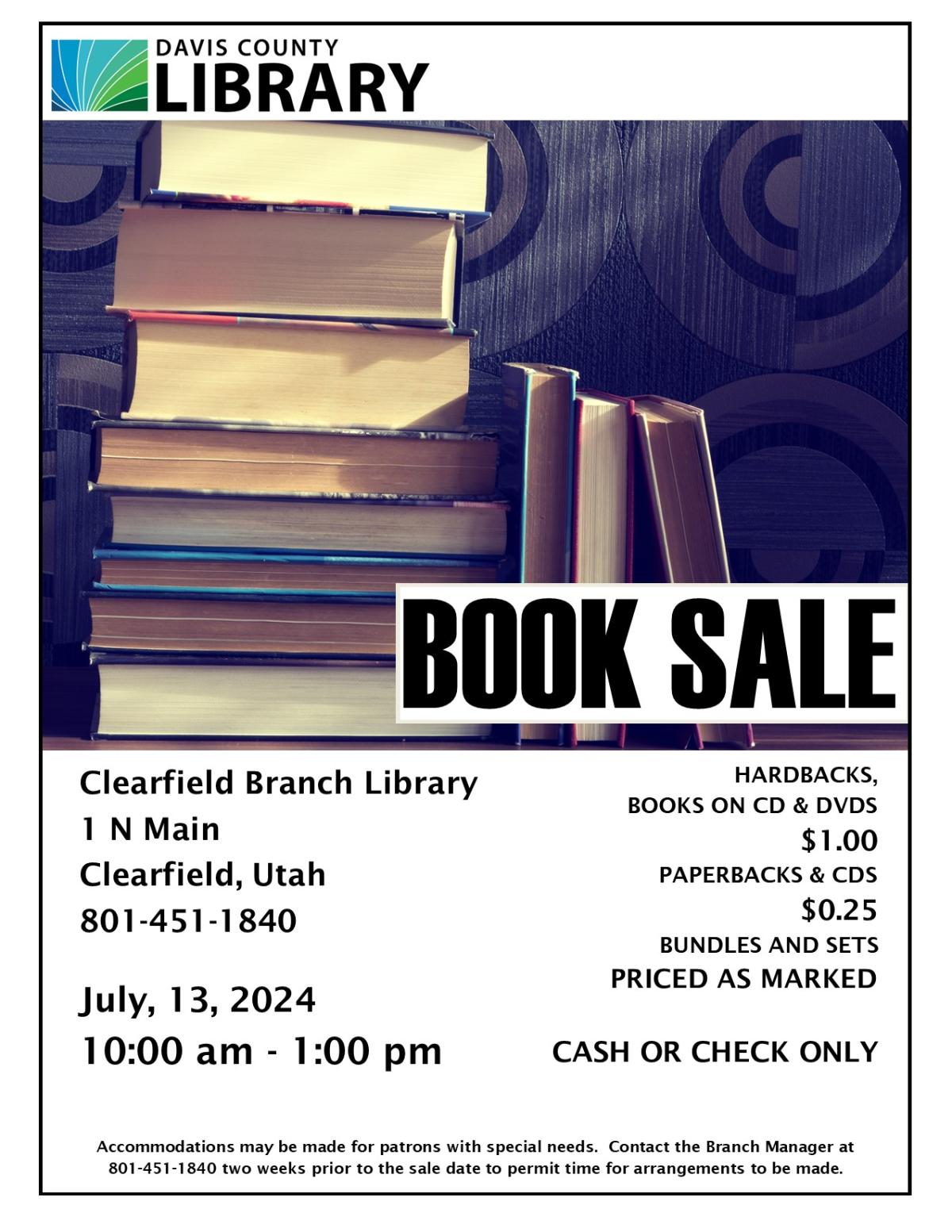 Book Sale. July 13, 2024 from 10-1