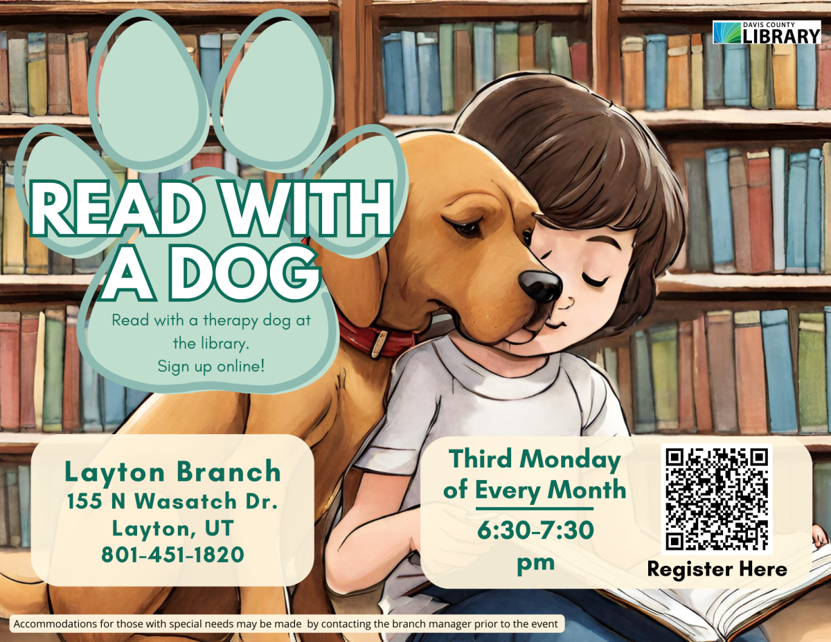 Read with a dog - Third Monday  6:30-7:30 pm. Layton Branch.