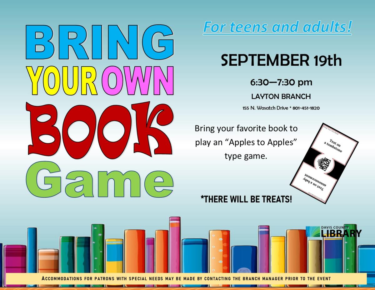 Bring your own book and use it to find answers to prompts at the Layton library. Sept 19 6:30-7:30 pm