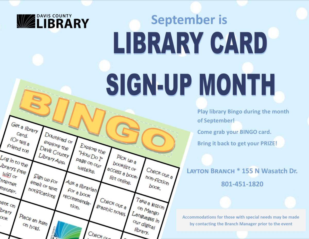 Play library Bingo during the month of September at the Layton library!