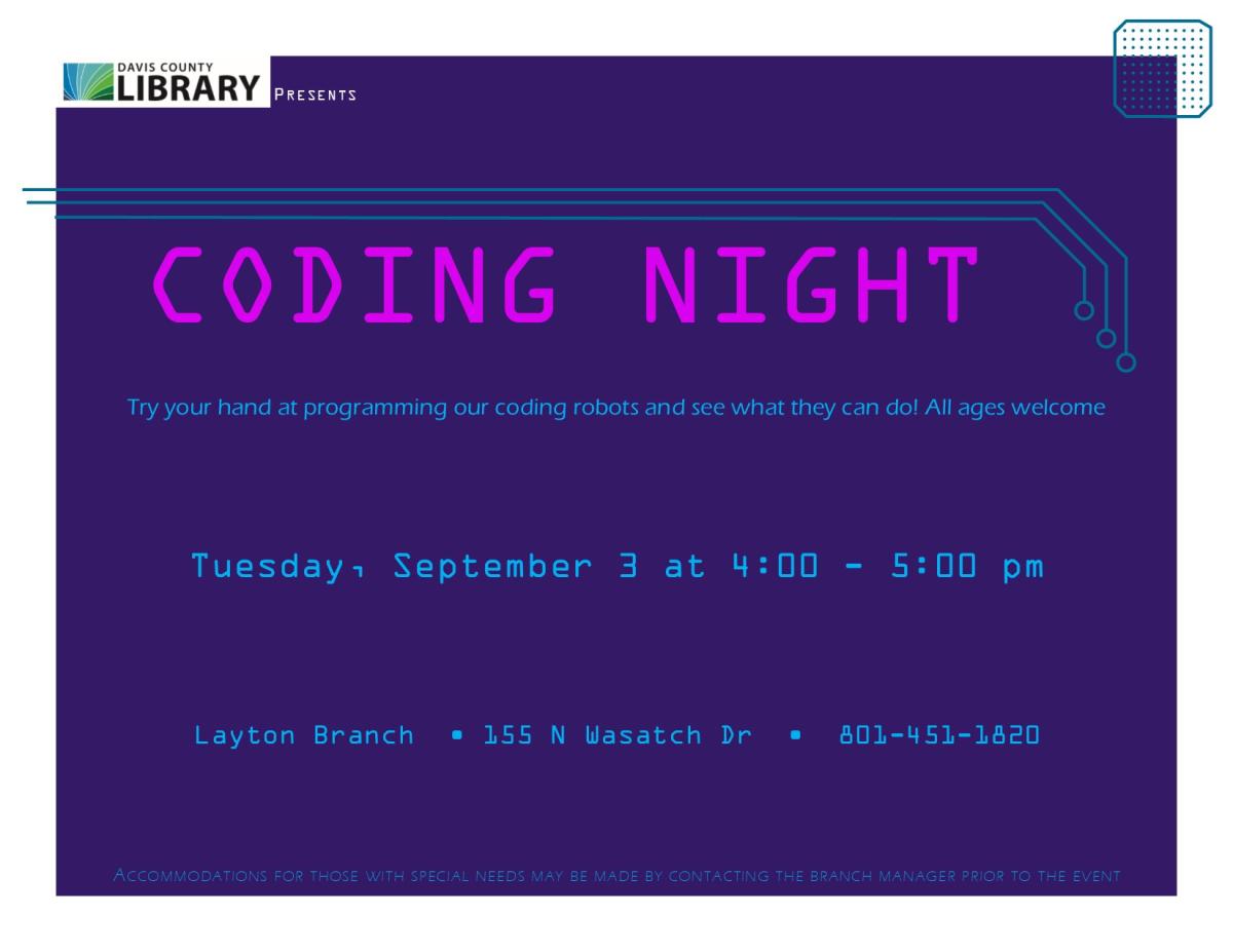 Coding Night - Layton Branch - Tuesday September 3 4:00 pm