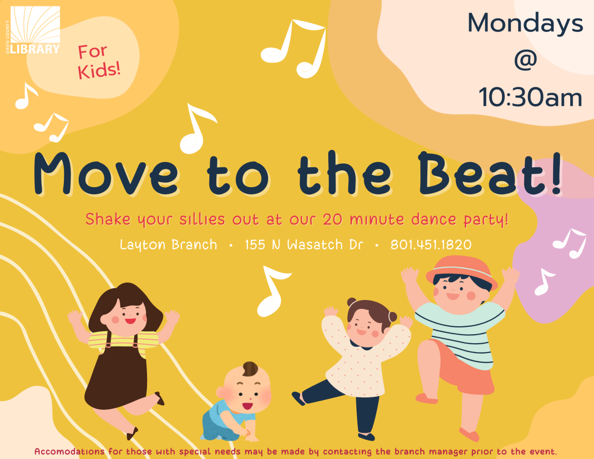 Move to the Beat! Shake your sillies out at our 20 minute dance party! Mondays at 10:30 am at the Layton Branch. 