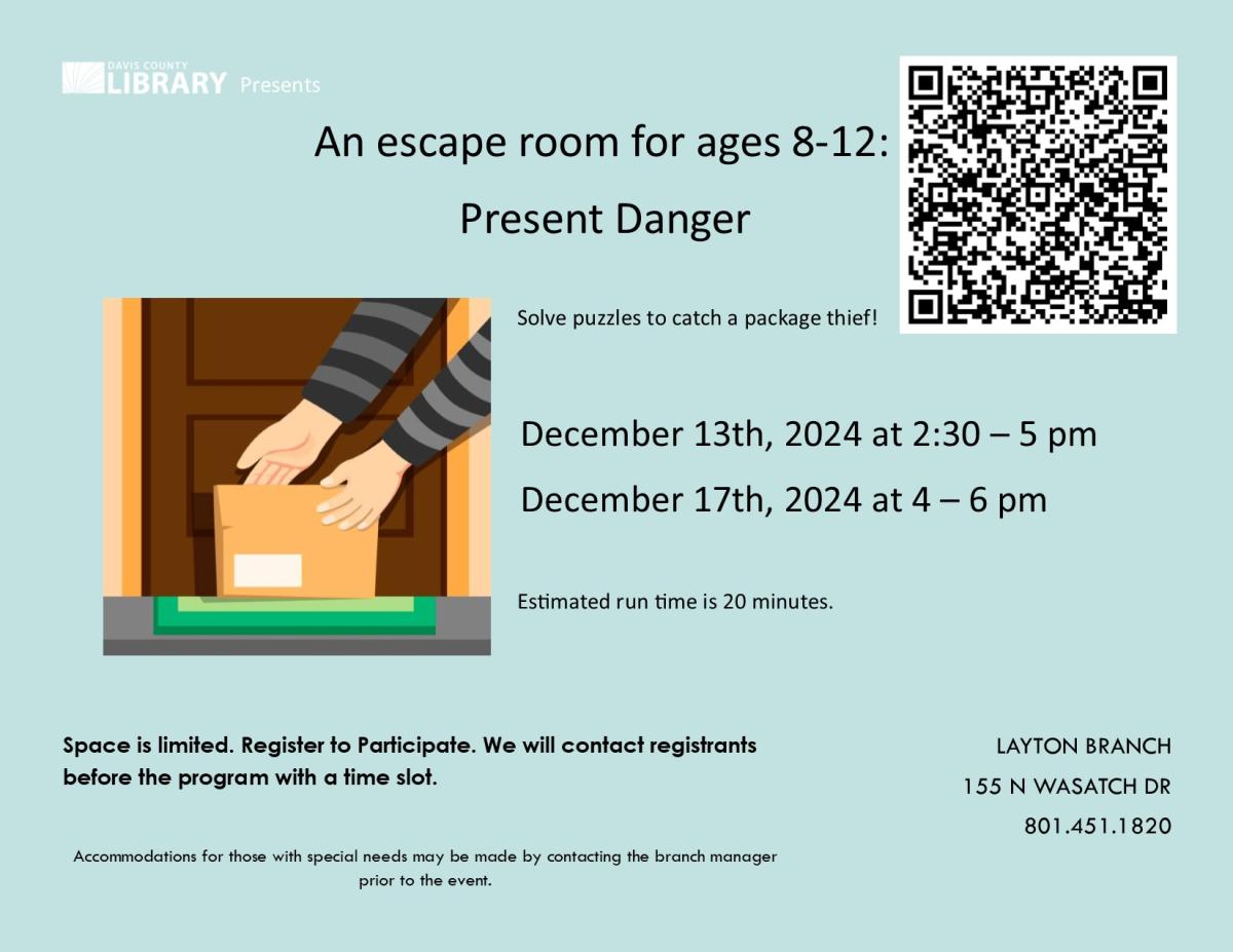 Escape Room for Ages 8-12. Tuesday December 17 from 4-6 pm