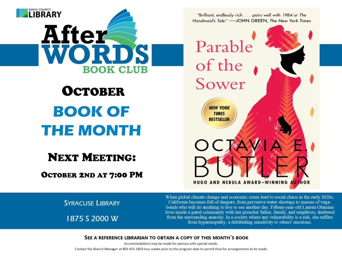 After Words Book Club @ 7pm, October 2nd, 2025 Parable of the Sower by Octavia Butler
