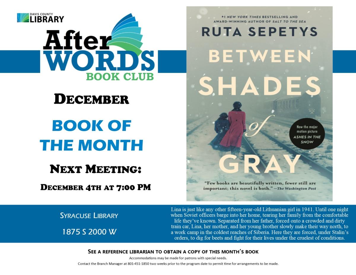 After Words Book Club @ 7pm, December 4th, 2025  Between Shades of Gray by Ruta Sepetys
