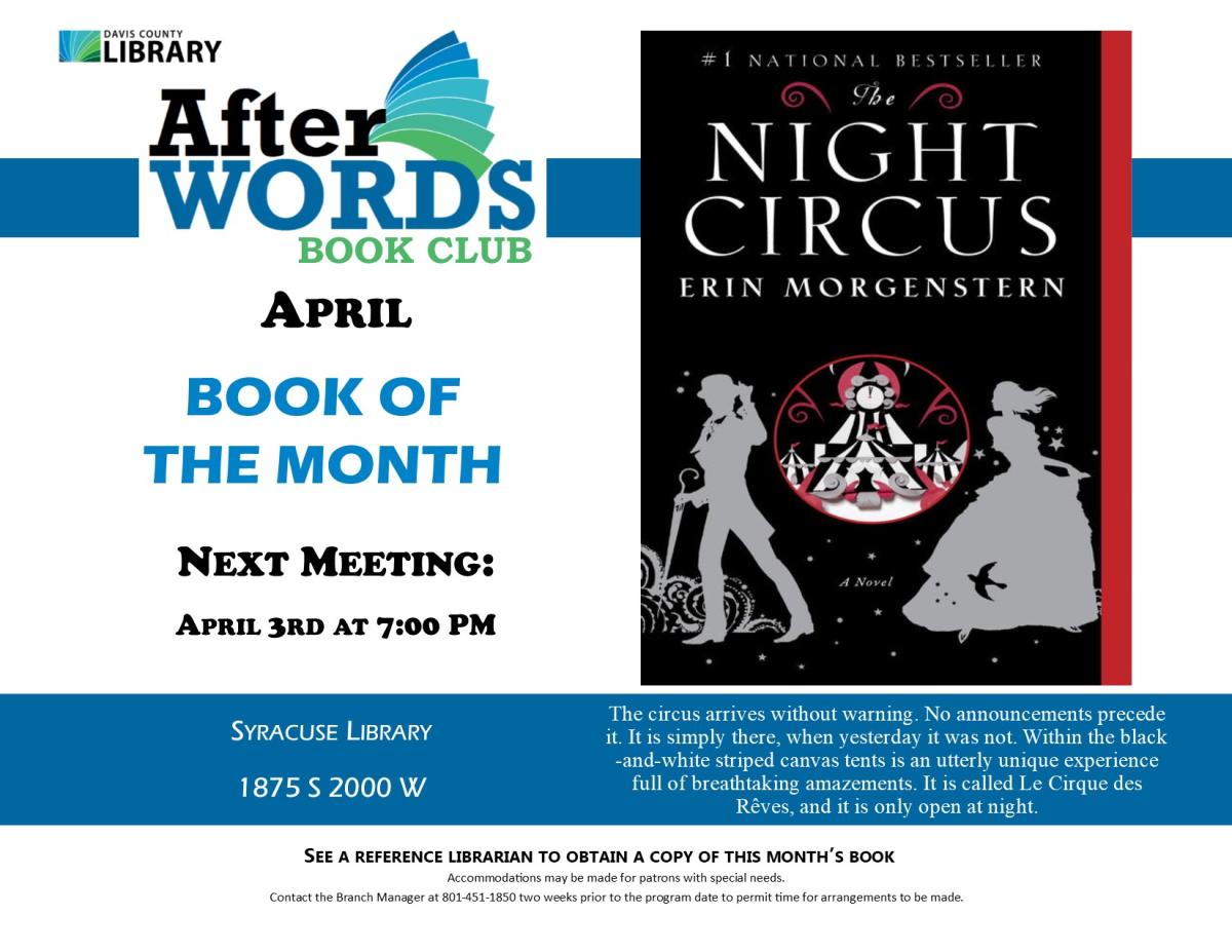 After Words Book Club @ 7pm, April 3rd, 2025  The Night Circus by Erin Morgenstern