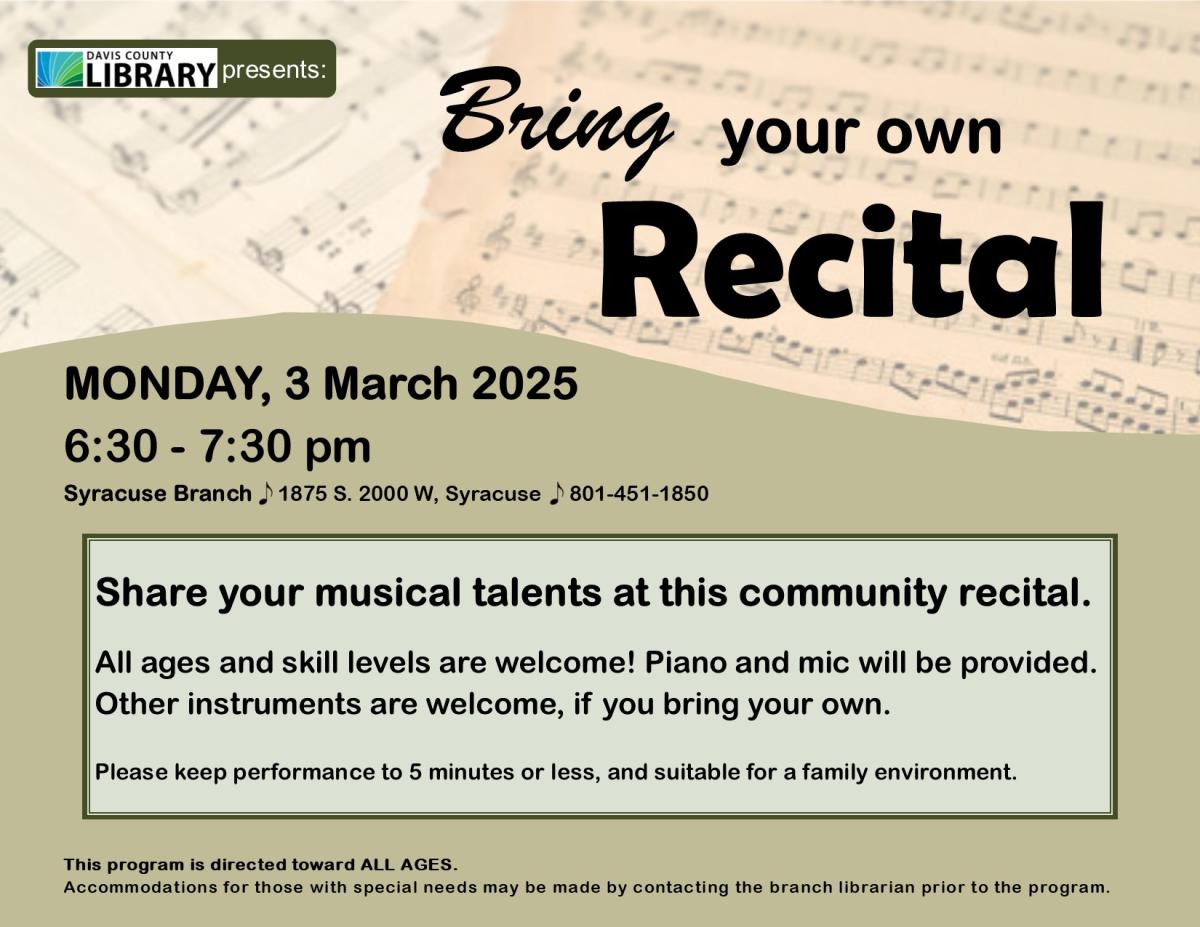 Bring your own recital. All are invited to present a musical piece under 5 minutes. 