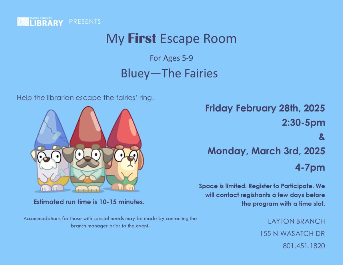 Escape Room for Ages 5-9. Monday March 3 from 2:30-5:00 pm