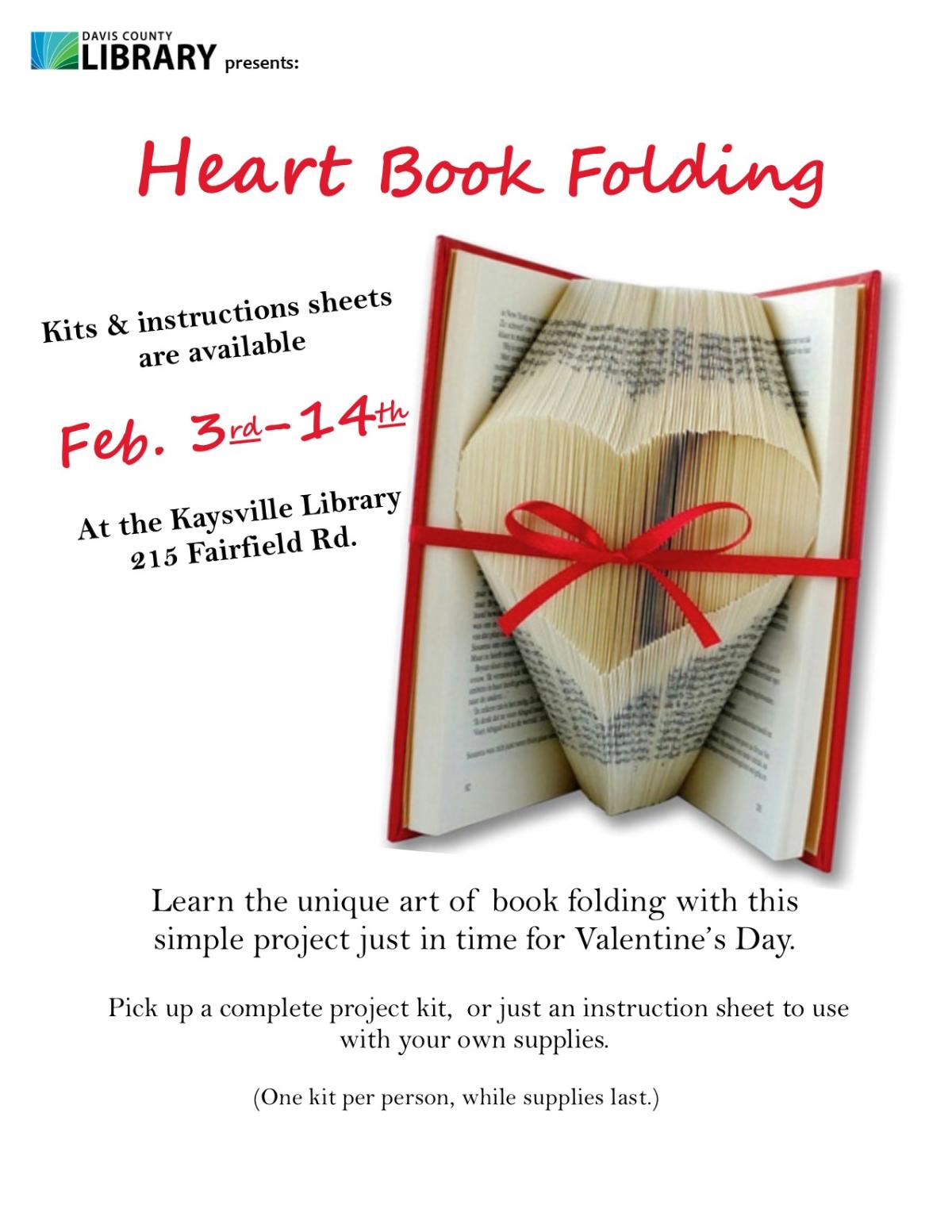 flier for heart book folding take and make activity in February 2025 at the Kaysville Library.