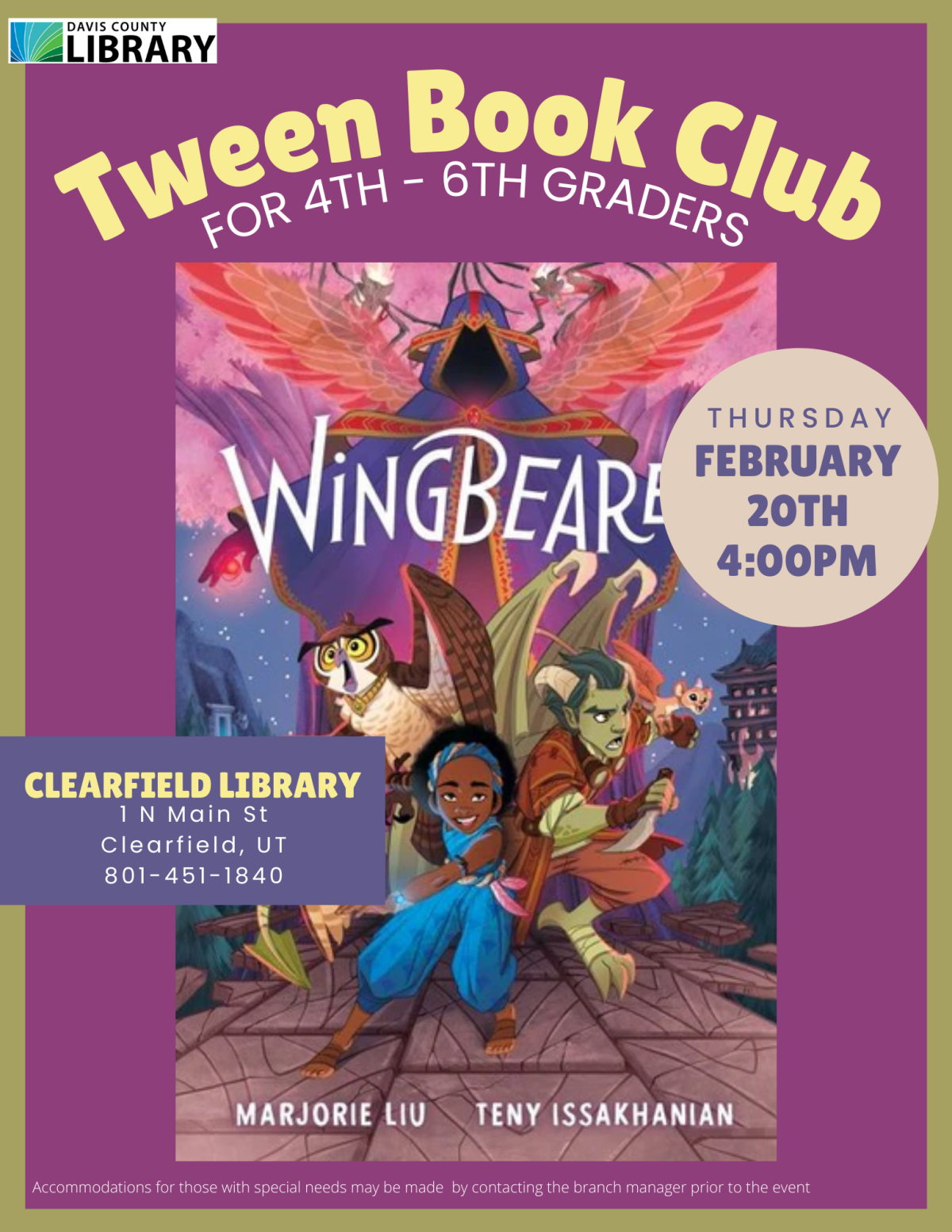 Tween Book Club For 4th - 6th Graders. February 20th, 4:00pm. Wingbearer by Marjorie Liu.