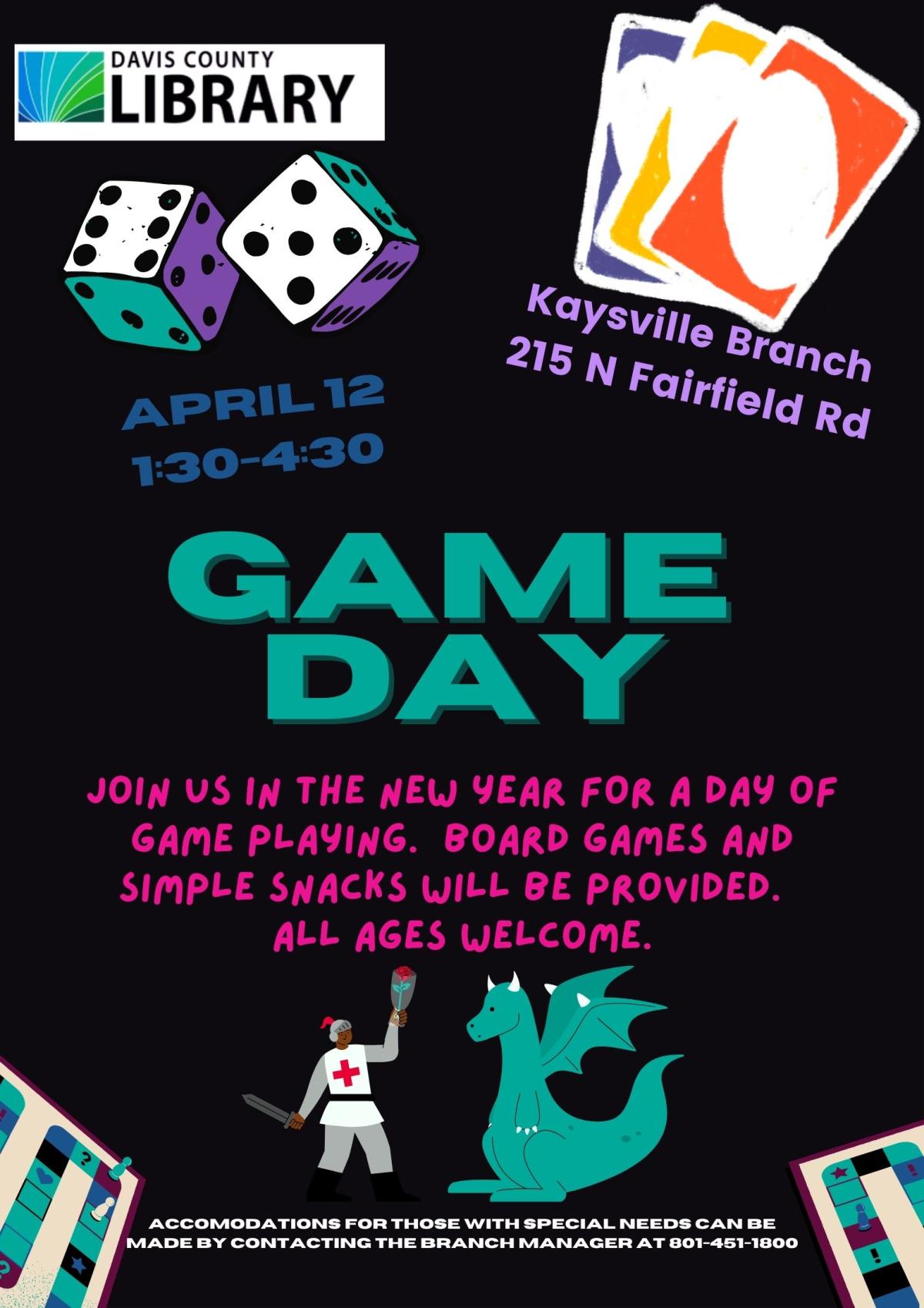Game Day! April 12, 1:30-4:30.  