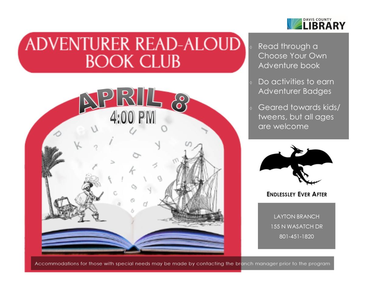 Tuesday, April 8 4:00 pm - Adventurer Book Club