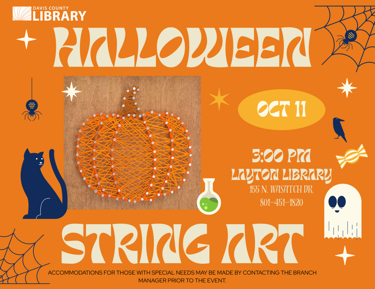 Create a Halloween string art decoration at the Layton library. October 11th at 3:00 pm.