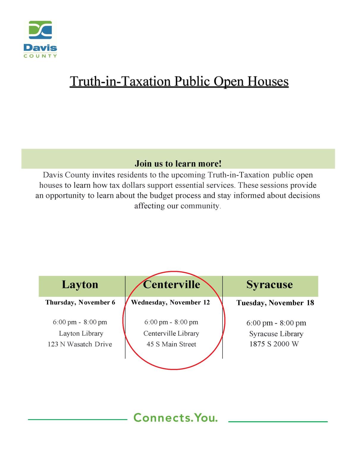 Truth in Taxation Meeting, Centerville Branch 45 S 400 W, Centerville, November 12 @ 6:00 - 8:00 pm