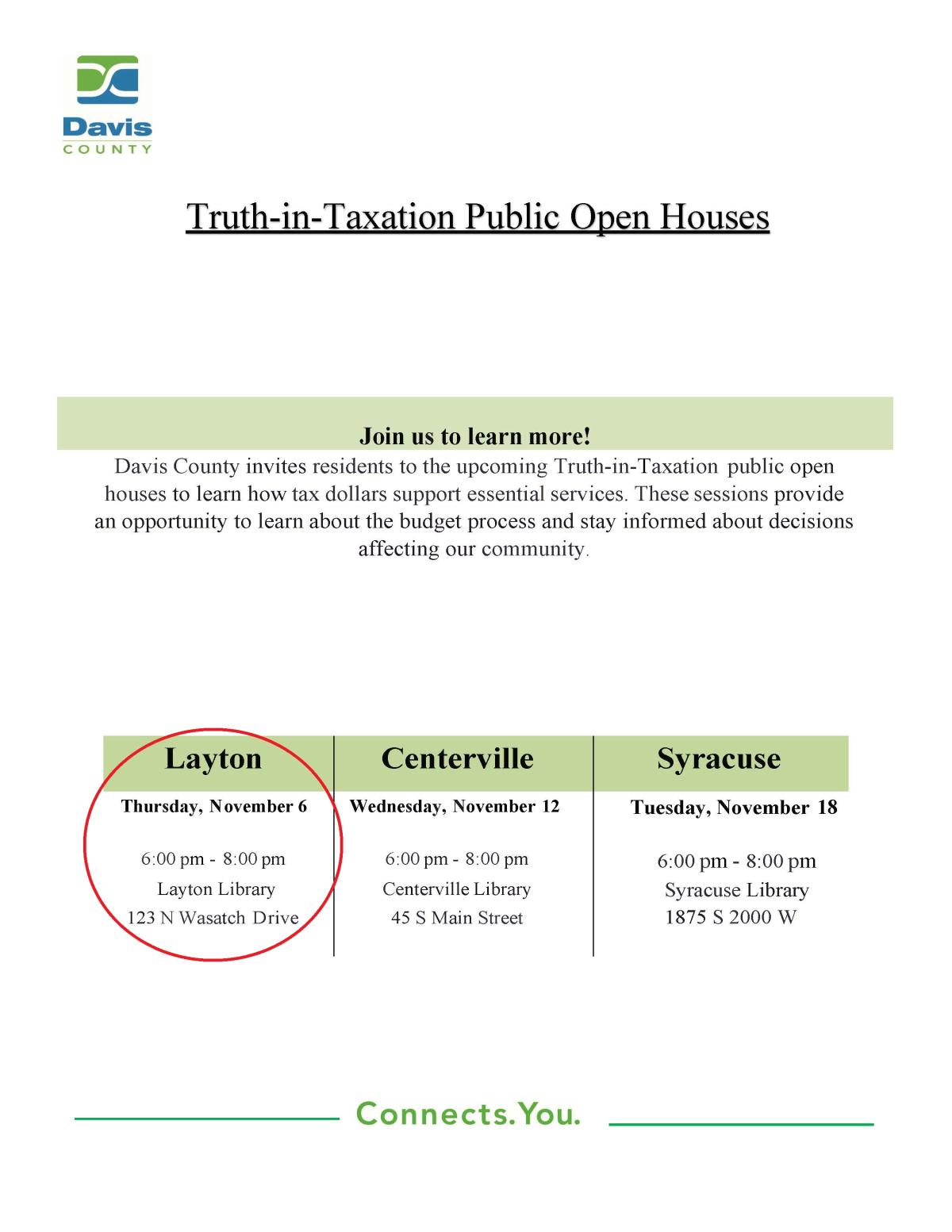 Truth in Taxation Meeting, Layton Branch 155 N Wasatch Dr, Layton, November 6 @ 6:00 - 8:00 pm
