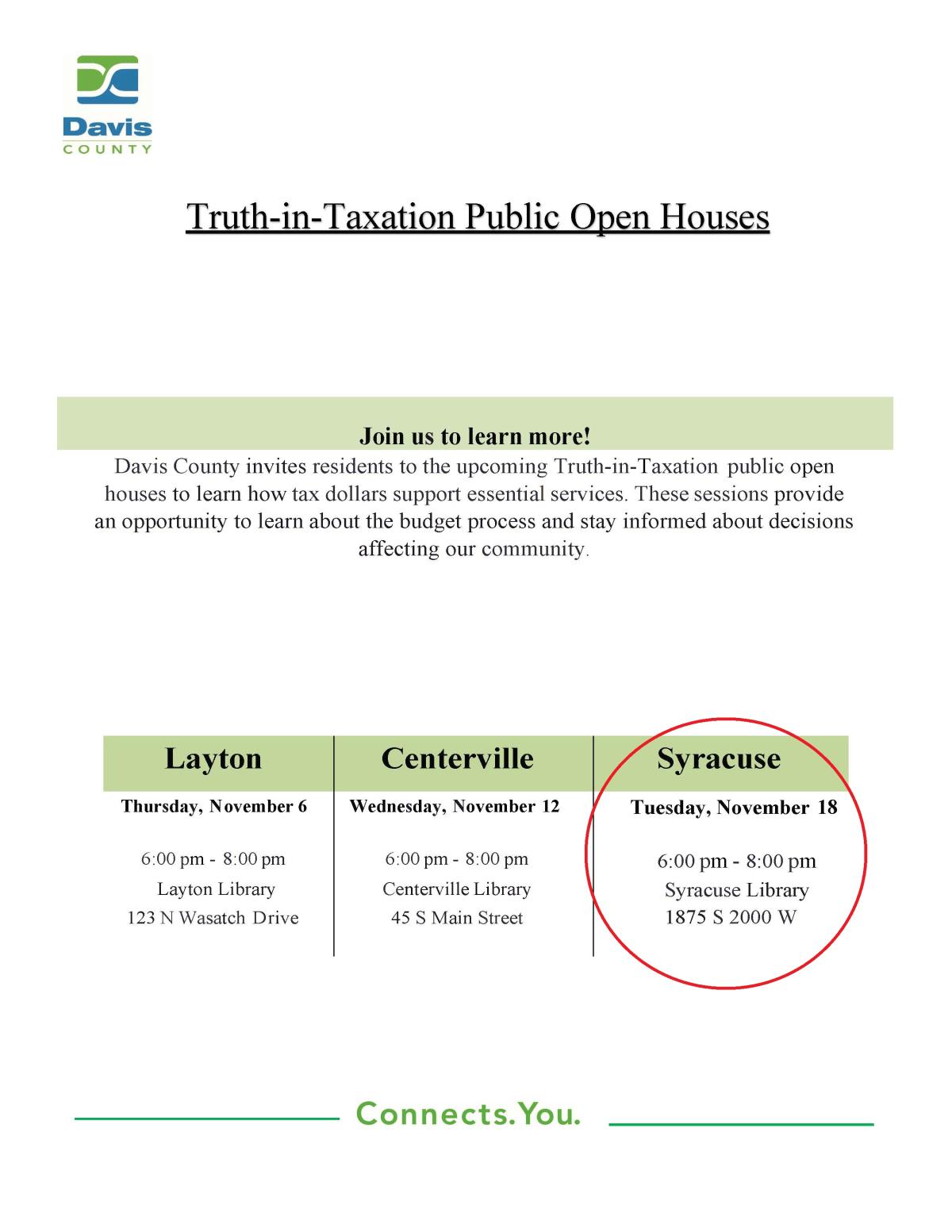 Truth in Taxation Meeting, Syracuse Branch 1875 S 2000 W, Syracuse, November 18 @ 6:00 - 8:00 pm