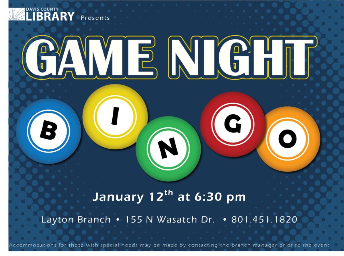 Family Bingo at the Layton Library! January 12th at 6:30 pm.